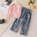 Kids Clothing Girls Suit Autumn New Girls Long Sleeved Round Neck Waist Top Jeans Two Piece Suit_viptrois.com