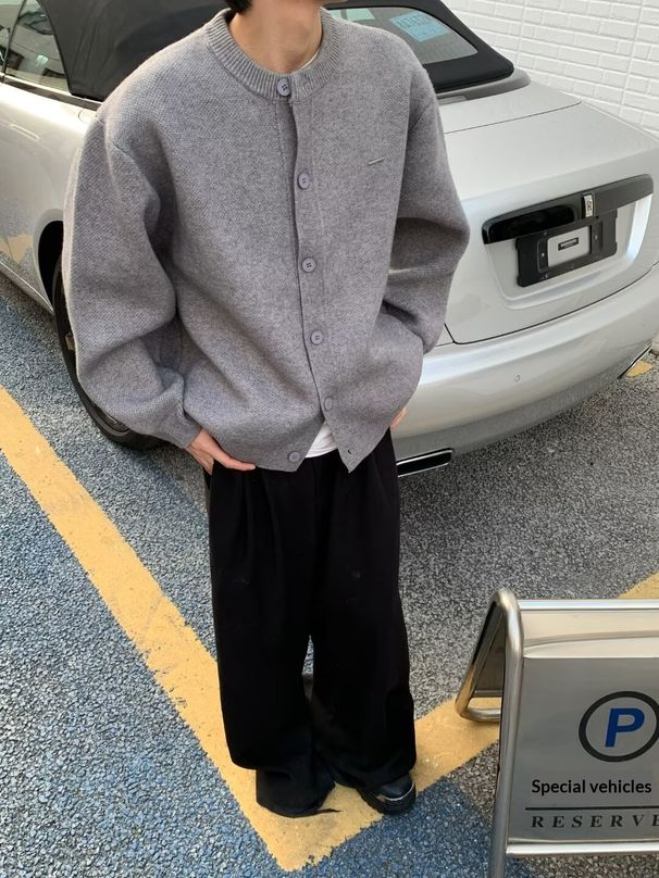 Pure 2024 Gray Autumn Winter New Round Neck Cardigan Solid Color Loose Casual Lazy Style Sweater Jacket Men's Top_viptrois.com