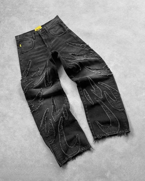2027 Fashion Women/Men Cotton Mid Waist Y2K Harajuku Retro Graphic Patch Hip Hop Gothic Raw Edge Embroidery Black Baggy Jeans Wide Leg Denim Pants_viptrois.com