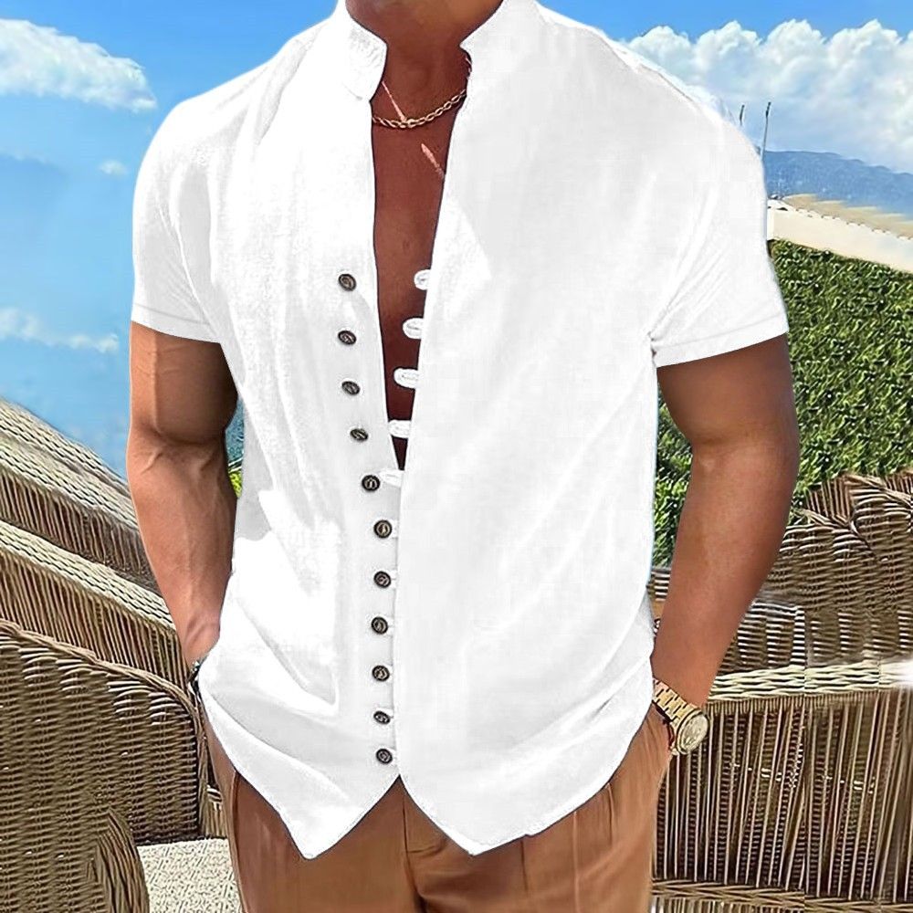 Summer Short Sleeve Shirts For Men White Formal Shirt Social Dress Shirts Casual Cotton Linen Tops Beach Blouses Man Clothing_viptrois.com