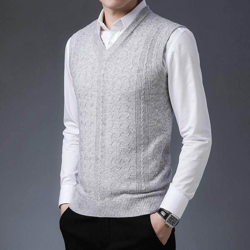 Men's Wool Blend V-Neck Sleeveless Vest - Stylish Casual Pullover Sweater For Autumn, Lightweight & Breathable, Solid & Camo Patterns_viptrois.com