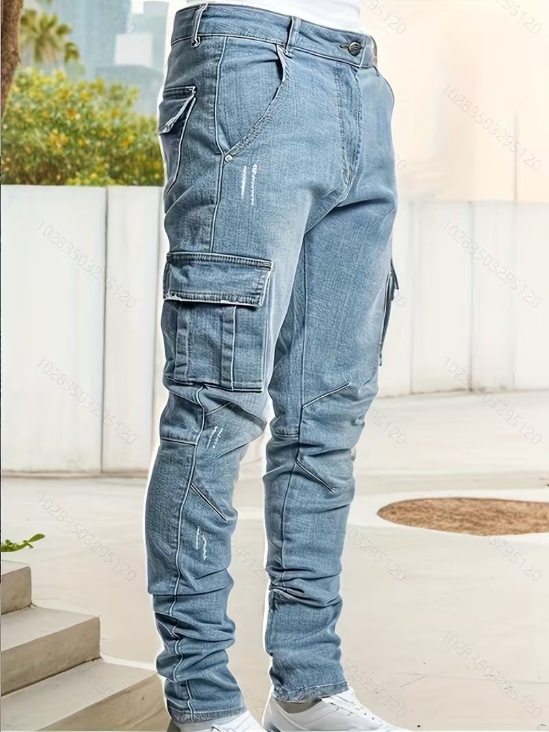 Men's Slim Fit Jeans High Street Casual Distressed Trendy Brand Pants Side Pockets_viptrois.com