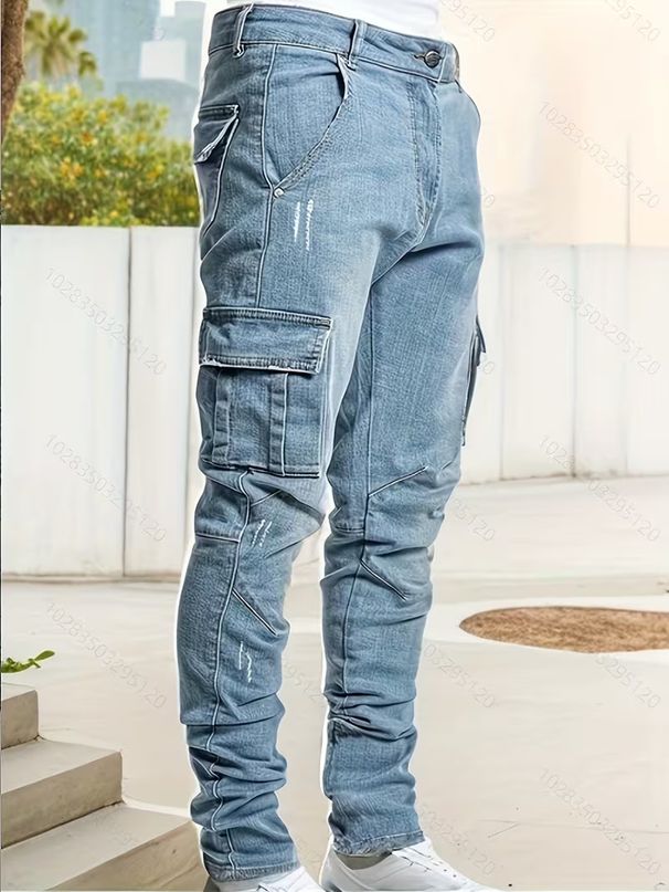 Men's Slim Fit Jeans High Street Casual Distressed Trendy Brand Pants Side Pockets_viptrois.com