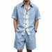 Men's Linen Short Sleeve Shirt And Shorts Set - Breathable Summer Outfit, Casual Lightweight Two-Piece Lounge Suit_viptrois.com
