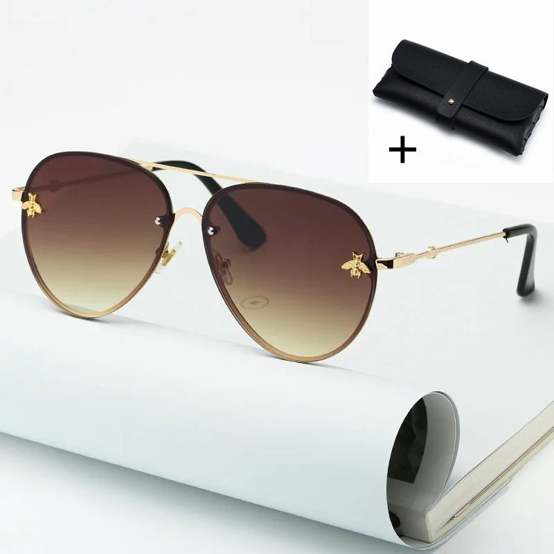 VOOTHOST Classic Brand Designer Pilot Sunglasses Women Men Vintage Driving Small Bee Mirror Sun Glasses For Female With Leather Glasses Case F0118_viptrois.com