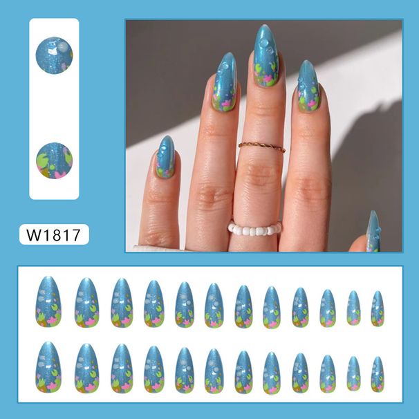 Blue Color Matching Pieces Of Three-dimensional Beads In The Long Almond Armour Fashion European And American Wind Nails 24 Pieces_viptrois.com