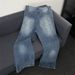 Streetwear Lightning Crack Wash Blue Jeans – Men’s Straight-Leg Flare Denim (M-3XL) – Stretch Cotton Blend, Mid-Rise, Zip Fly_viptrois.com