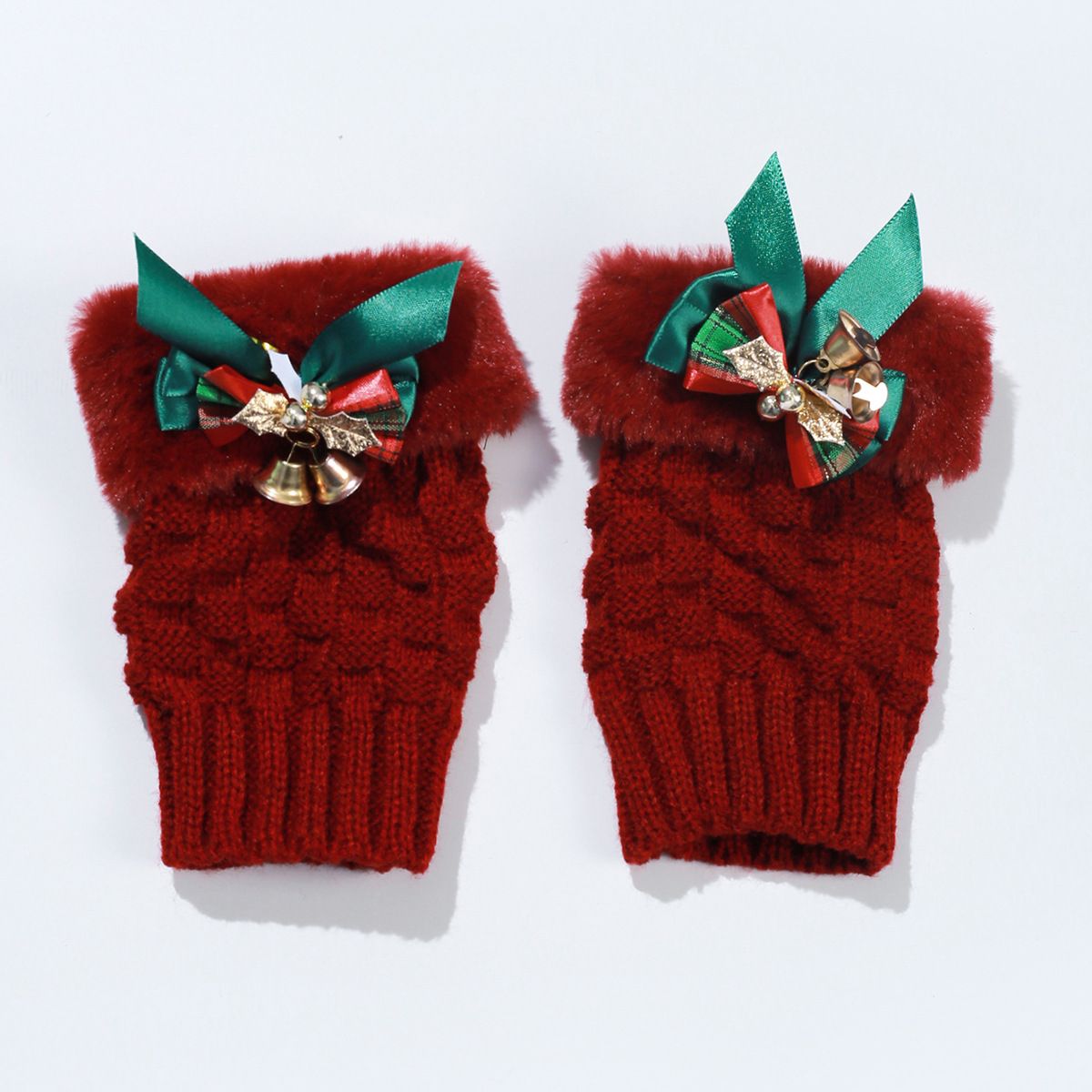 Christmas winter plush half finger wine red bow bell Christmas cute short gloves autumn and winter empty top hat_viptrois.com