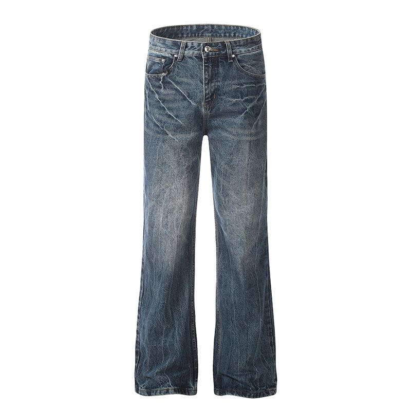 Men's Clothing Retro Lightning Crack Washed Jeans Men's and Women's Design Straight Slim Flared Ins Floor Mopping Trousers_viptrois.com