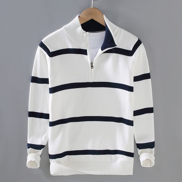 Pure 8502 Half-Zip Polo Collar Sweater For Men, Autumn And Winter Trendy Retro College Style Striped Color-Block High-Neck_viptrois.com