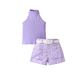Kid's Clothing New Summer Girls Suits Small And Medium Children's Solid Color Halter Neck Top + Printed Shorts + Belt_viptrois.com