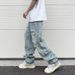 Men's Clothing High Street Hip Hop Vibe Washed Blue Ripped Cat Whisker Street Summer Straight Pants Loose Men's Paris Jeans_viptrois.com