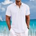 Men's Clothing Casual Button Decoration Lapel Cotton And Linen Short Sleeved Shirt_viptrois.com