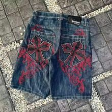 Men's Clothing Fully Embroidered Denim Shorts High Street Gothic Style Loose Wide Leg Shorts_viptrois.com