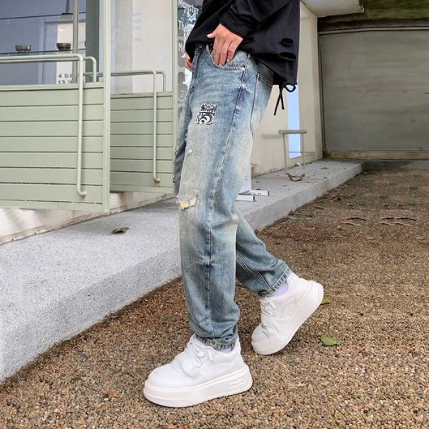 Men's Clothing Tapered Jeans Men's Trendy Loose Pants Scratched Holes Patch Harem Pants_viptrois.com