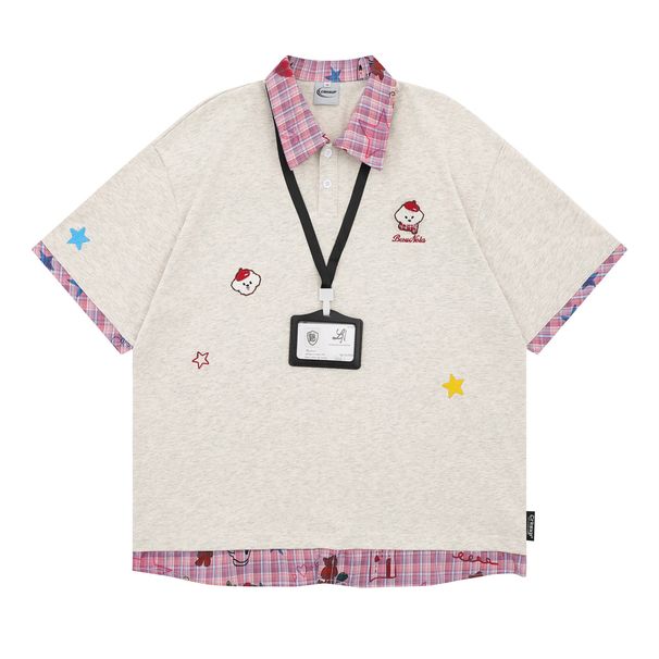 Men's Clothing Retro Contrast Color Stitching Polo Collar Short Sleeved T Shirt Ins Trendy Brand Men And Women Loose Casual Couple Half Sleeved Top_viptrois.com