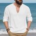 Men's Relaxed Fit Linen V-Neck Tee - Breathable Long Sleeve Shirt For Autumn (7 Colors, M-XXXL)_viptrois.com