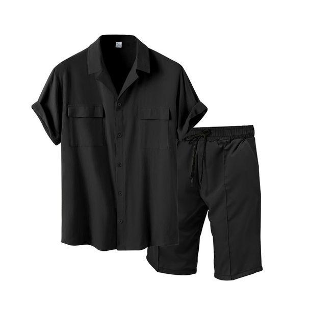 Men's Clothing Commerce Foreign Trade New Men's Large Size Solid Color Short Sleeved Shirt Summer Casual Suit Lapel Men's Suit_viptrois.com