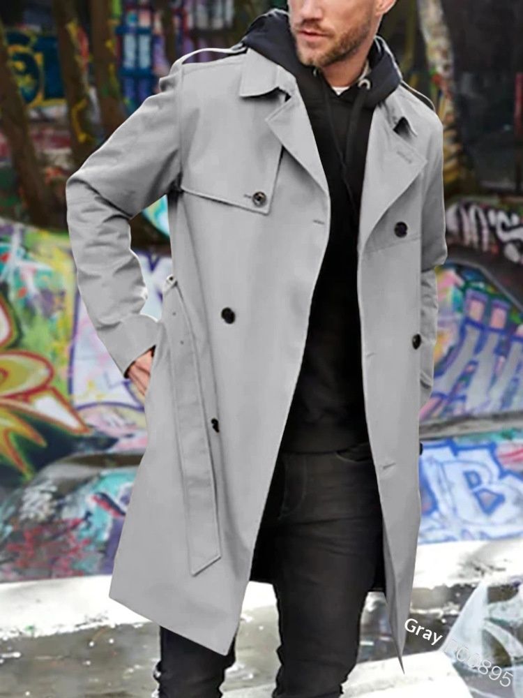 Pulse 2023 New Cross-Border Solid Color European And American Long Sleeve Trench Coat Men's Turn-Down Collar Slim Fit_viptrois.com
