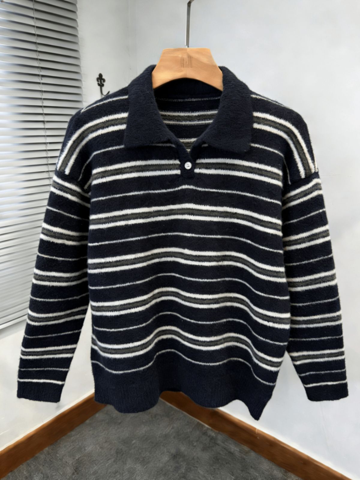 Striped Polo Collar Sweater For Men And Women In Autumn And Winter, Stylish Knit Sweater Jacket_viptrois.com