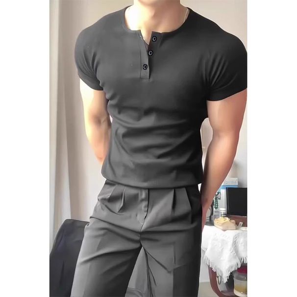 Men's Slim Fit Henley T-Shirt - Heavyweight Cotton Short Sleeve Muscle Tee_viptrois.com