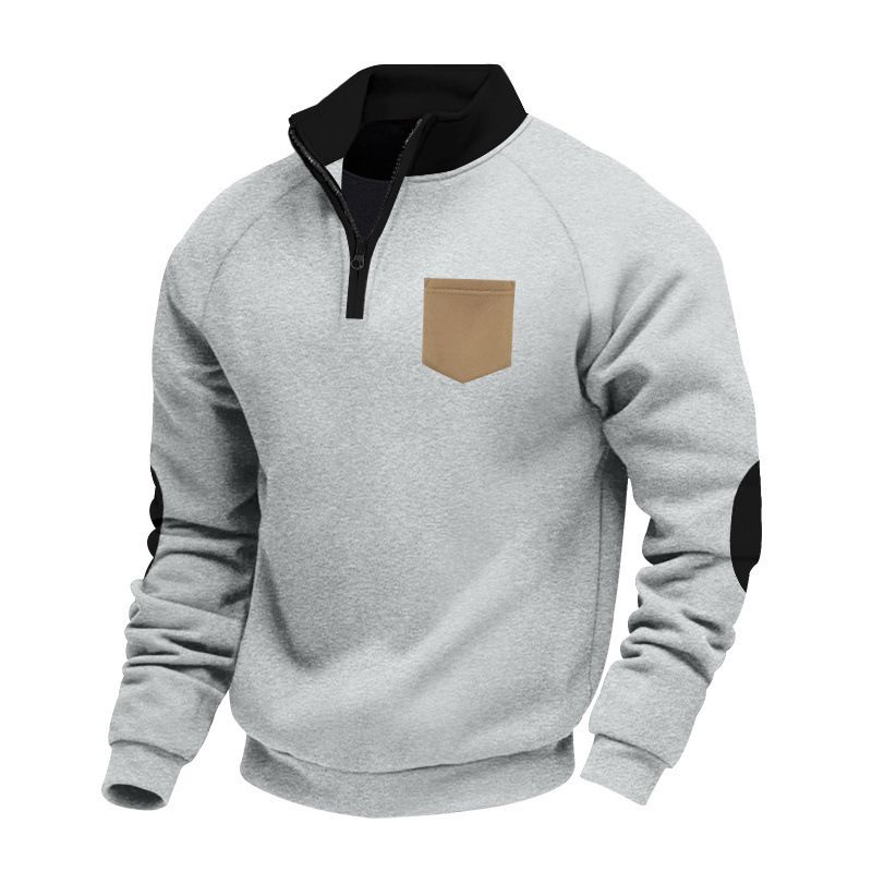 Men's Heavyweight Fleece Zip-Up Hoodie - Winter Stand Collar Pullover With Contrast Patch & Zippered Pockets, Wrinkle-Free_viptrois.com