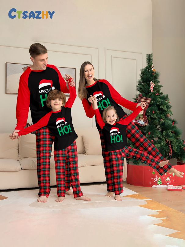 Christmas Santa hat alphabet plaid Christmas family suit printed home clothes pajamas_viptrois.com