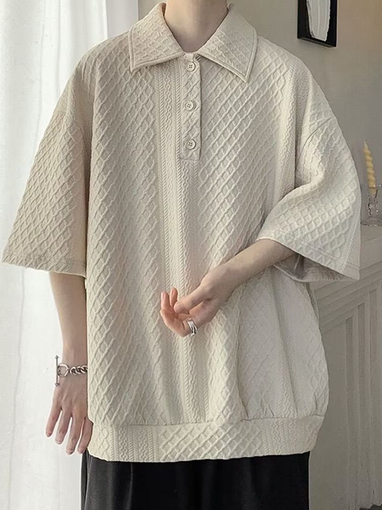 Men's Clothing Polo Short Sleeved Men's Summer Heavy Loose Lapel Teenagers' Short Sleeved Tops For Men_viptrois.com