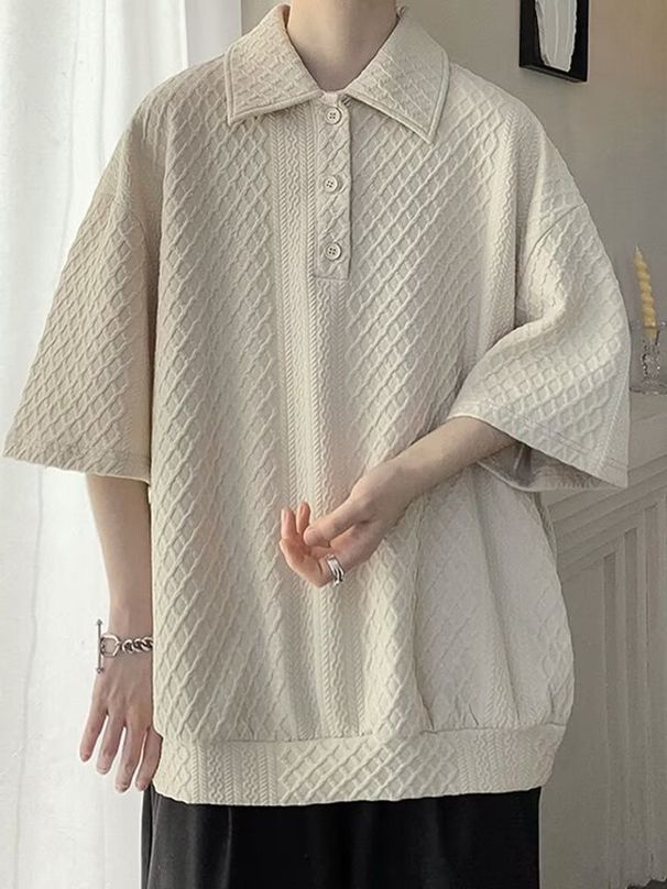 Men's Clothing Polo Short Sleeved Men's Summer Heavy Loose Lapel Teenagers' Short Sleeved Tops For Men_viptrois.com
