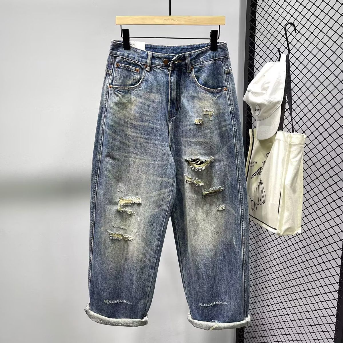 Vintage Washed Distressed Denim Jeans For Men, Relaxed Fit Straight Leg Loose Casual Trousers, Retro Blue Denim Pants_viptrois.com