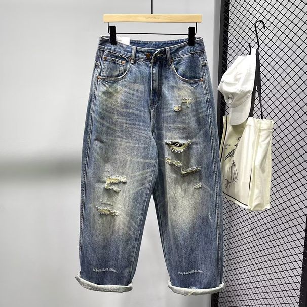 Vintage Washed Distressed Denim Jeans For Men, Relaxed Fit Straight Leg Loose Casual Trousers, Retro Blue Denim Pants_viptrois.com