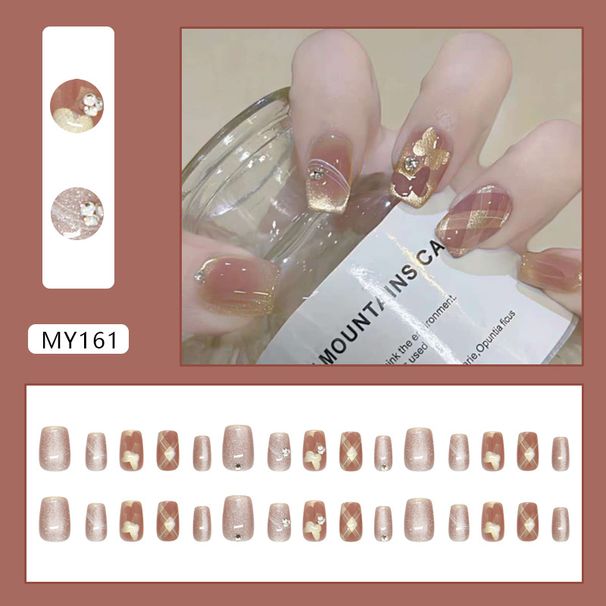 Beauty & Health Plaid Flashing Gold Butterfly Line Cat's Eye Sweet Diamond Style Detachable Wearable Nail 30 Pieces_viptrois.com