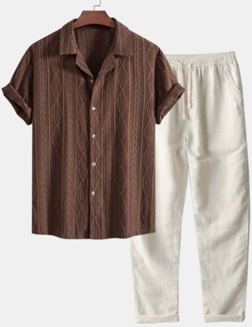 Men's Stylish Short Sleeve Linen Shirt & Pants Set With 3D Digital Print - Comfortable Summer Outfit For Casual Wear_viptrois.com