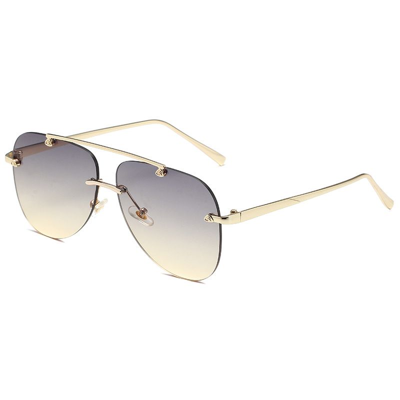 Fashion Metal Sunglasses – Double Beam Cut Edge Frameless Design, Gradient Frog Mirror Lenses, Retro Driving Glasses_viptrois.com