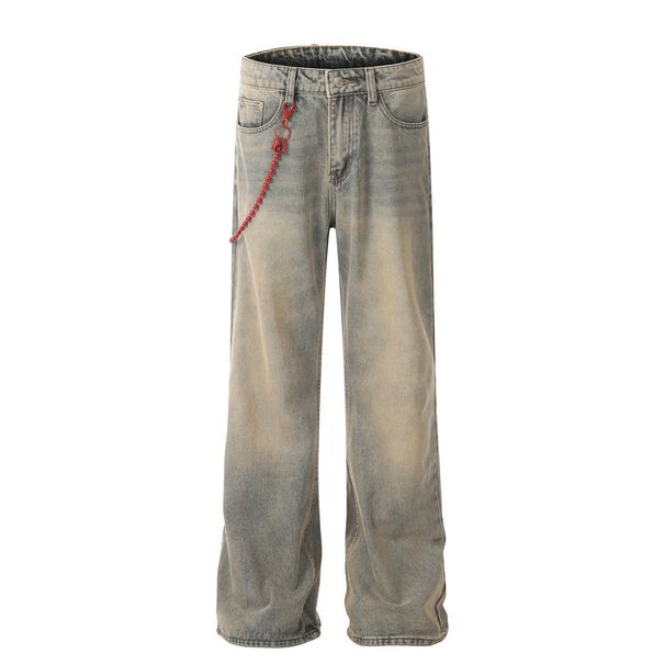 Side Red Chain Yellow Mud-Dyed Straight-Leg Jeans For Men American Style Washed Vintage Loose Design Long Pants_viptrois.com