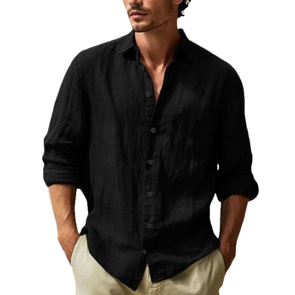 Men's Clothing Men's Tops Pure Cotton Shirt Solid Color Long Sleeved Shirt Men's Casual Cardigan Long Shirt Men_viptrois.com