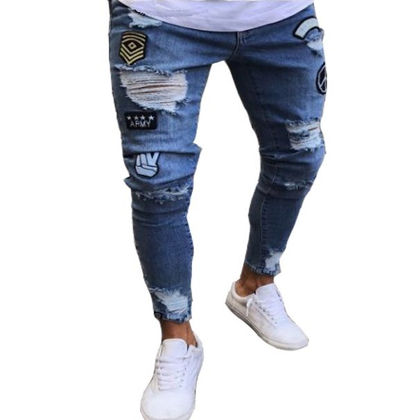 Loom Men's Knee-Length Jeans With Embroidery, Slim Fit, Denim Pants, Cross-Border Trend, European And American Style, Badge,_viptrois.com