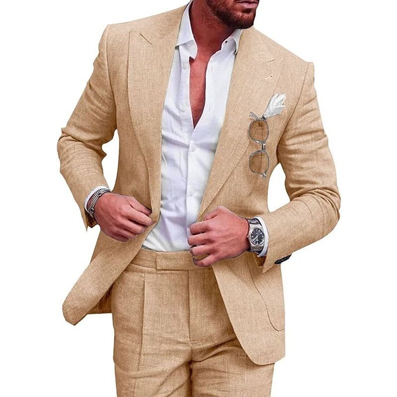 Men's Clothing linen new men's large size grab lapel suit two piece suit single row one button suit stock_viptrois.com