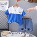 2025 New Summer Children's Men's Color Contrasting Bear Short Sleeve Cartoon Round Neck Top Shorts Two Piece Set_viptrois.com