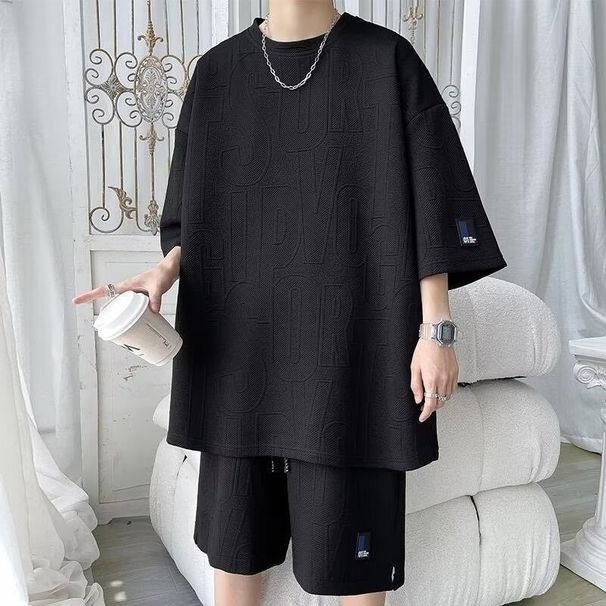 Men's Clothing Summer Thin Loose Large Size Letter Jacquard Short Sleeved T Shirt Shorts Set_viptrois.com