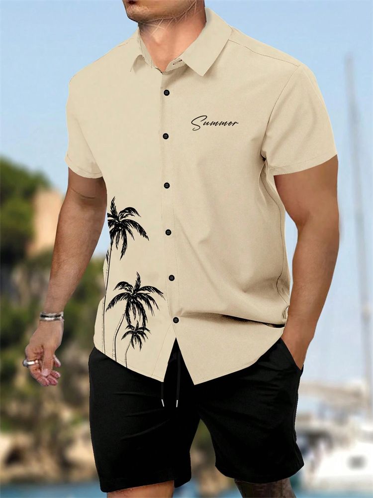Sommer Neues Herren-Kurzarmhemd Und Shorts 2-teiliges Set Mode Coconut Tree Print Revershemd Strand Kordelzug Shorts Set_viptrois.com