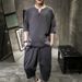 Men's Clothing Men's Cotton And Linen Embroidery Buttoned Large Size Cropped Pants Short Sleeved Suit Summer Linen Set_viptrois.com