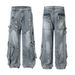 Post-Industrial Distressed Washed Workwear Jeans For Men With Design Sense, Heavy-Duty Split And Spliced Wide-Leg_viptrois.com