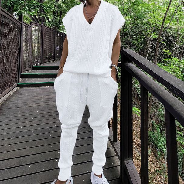 Men's Clothing Summer New Casual Jacquard Sports Suit Loose Fit Sleeveless Vest And Trousers_viptrois.com