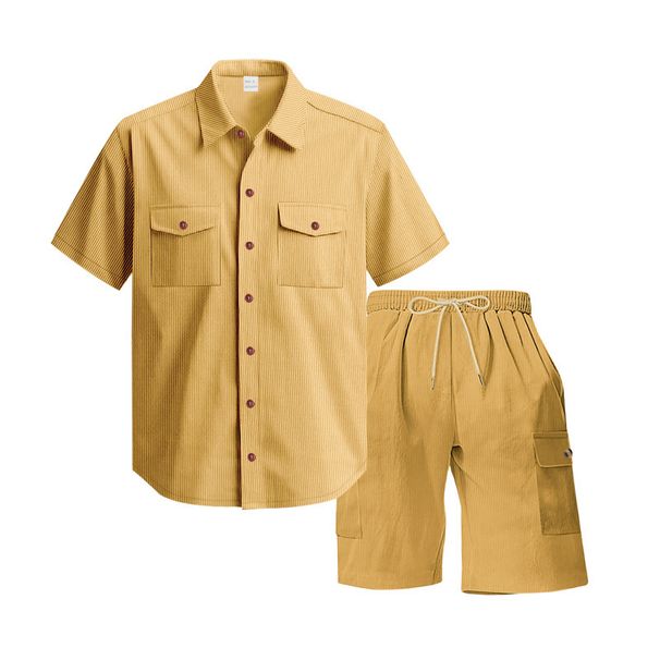 Men's Clothing Summer New Men's Casual Loose Corduroy Workwear Short Sleeved Shorts Shirt 2 Piece Suit Men_viptrois.com