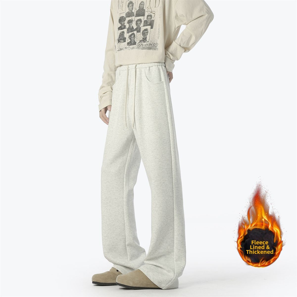 Men's American Style Heavyweight Curved Blade Sweatpants Fleece Lined Loose Wide Leg Sporty Casual Pants for Autumn Winter_viptrois.com