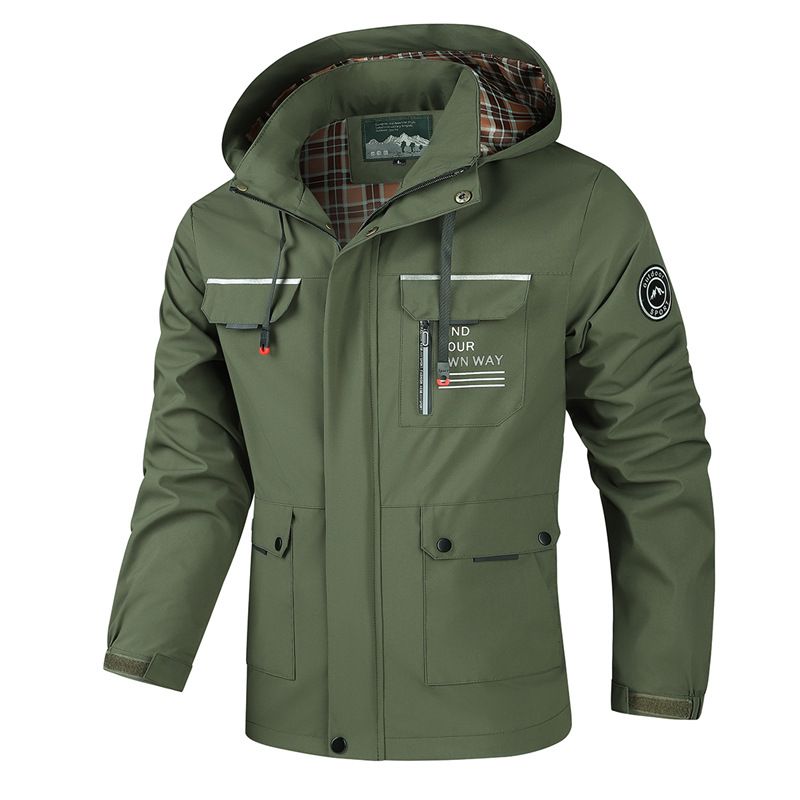 Men's Multi-Pocket Detachable Hood Jacket – Lightweight Polyester Workwear Coat With Utility Design For Spring & Autumn Outdoor Travel_viptrois.com