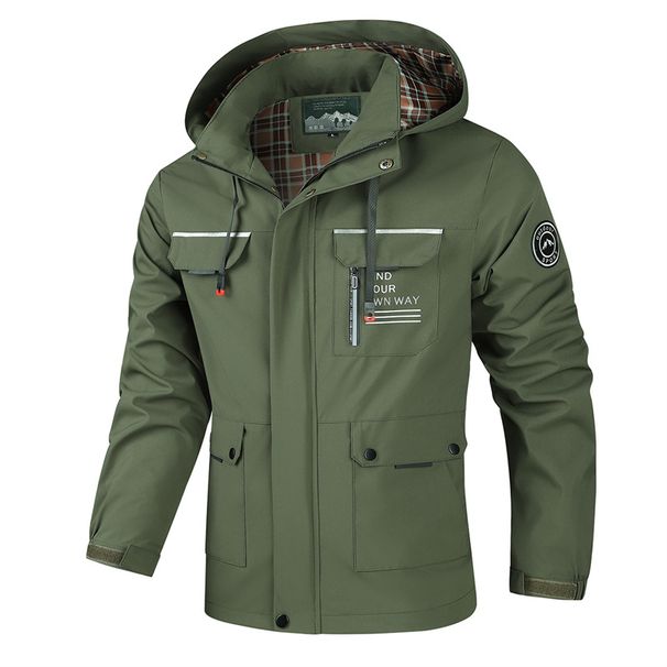Men's Multi-Pocket Detachable Hood Jacket – Lightweight Polyester Workwear Coat With Utility Design For Spring & Autumn Outdoor Travel_viptrois.com