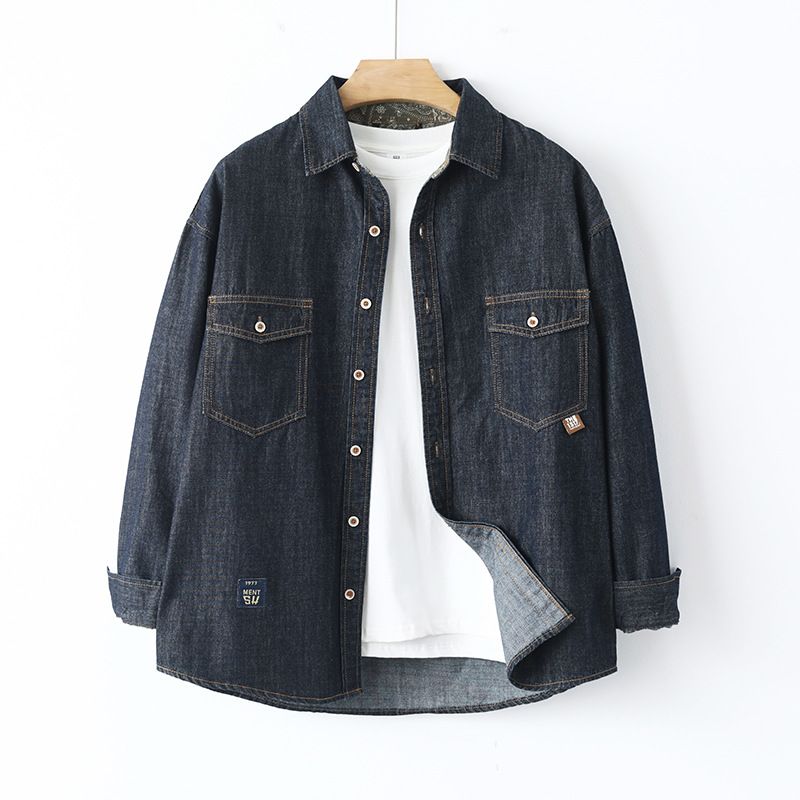 2025 Spring New Mercerized Denim Shirt Men's Quality Big Cow Thin Loose Lapel Primary Color Denim Shirt Men's_viptrois.com