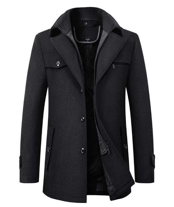 Men's Wool Blend Peacoat - Double Collar Winter Overcoat, Classic Business Casual Outerwear_viptrois.com